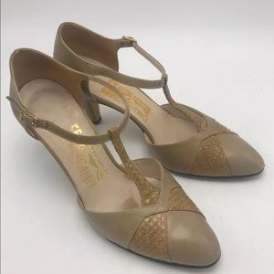 Ferragamo Tan Leather Pointed Toe T-Strap Heels